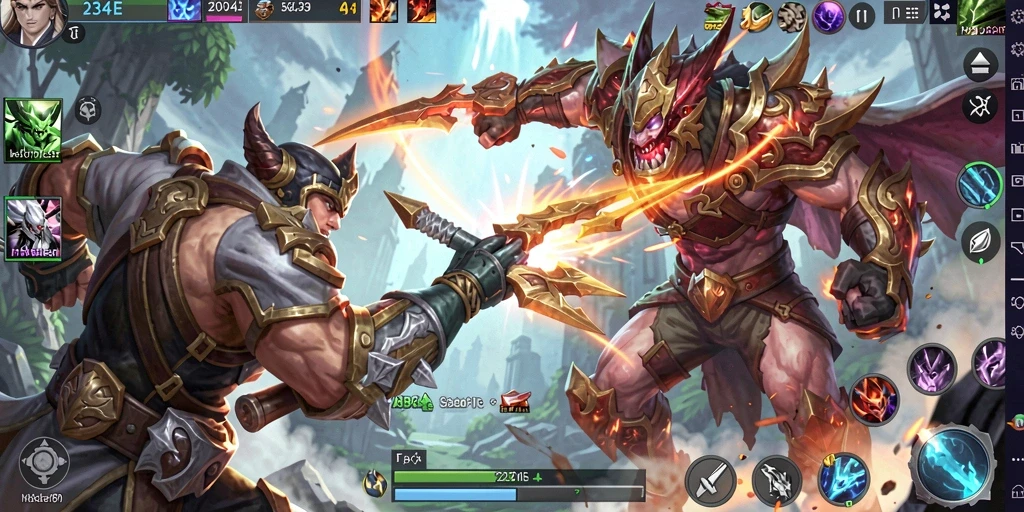 Tampilan aksi seru dalam gameplay MOBA 234E.