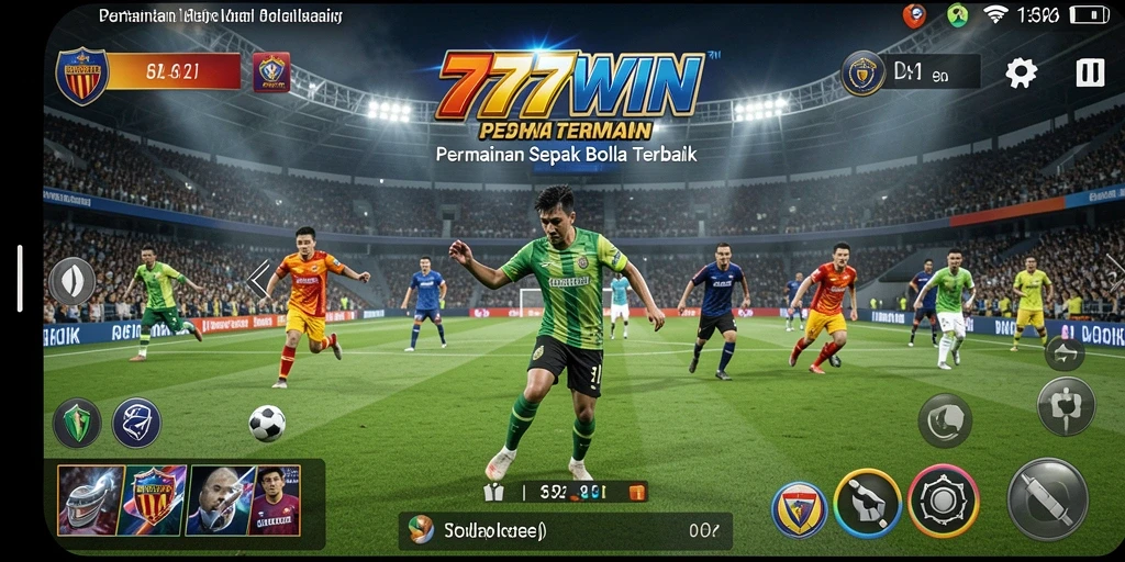 Screenshot utama 777WIN menampilkan aksi bermain sepak bola yang mendebarkan.