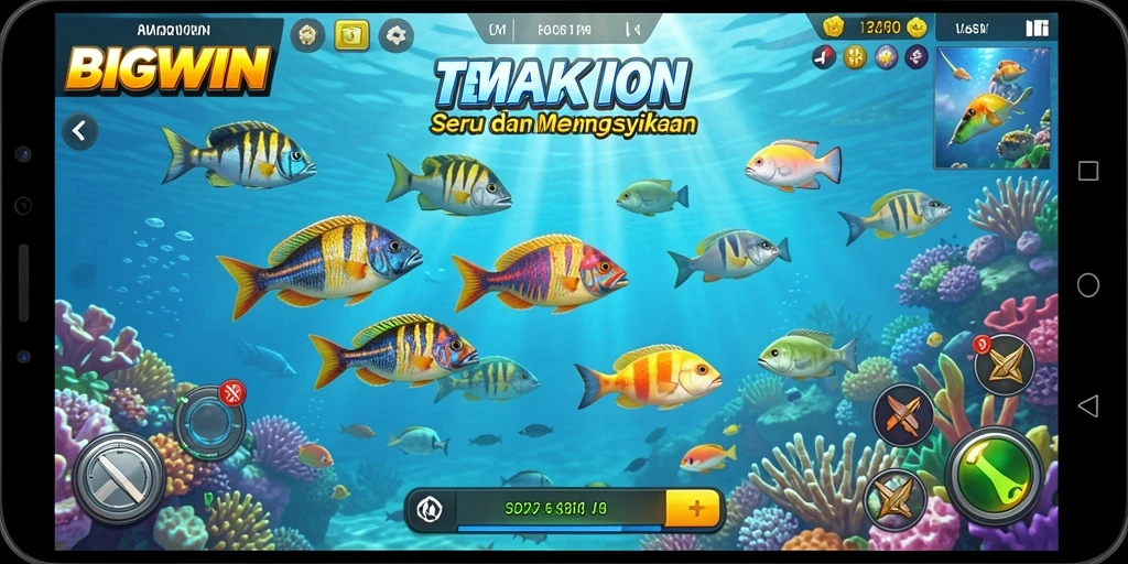 Tampilan gameplay menarik dalam BIGWIN dengan beragam ikan berwarna-warni.