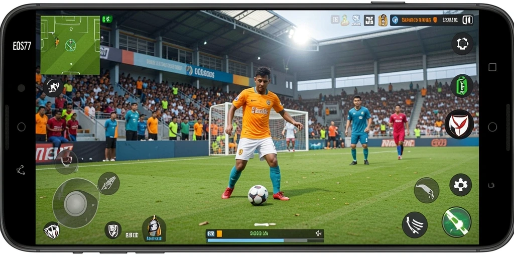 Gameplay menegangkan dari EOS77 dengan aksi sepak bola yang seru.