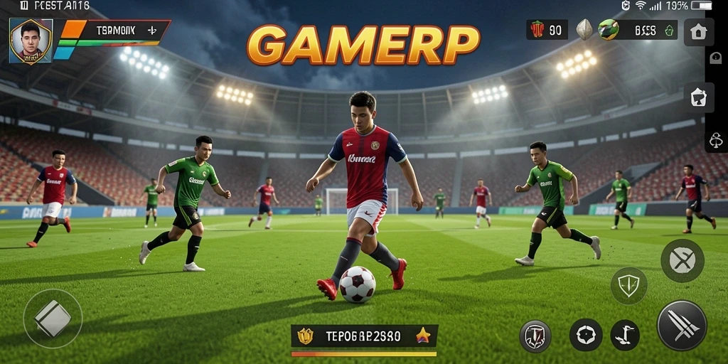 Screenshot gameplay GAMERP menampilkan aksi seru dan atmosfer pertandingan sepak bola.