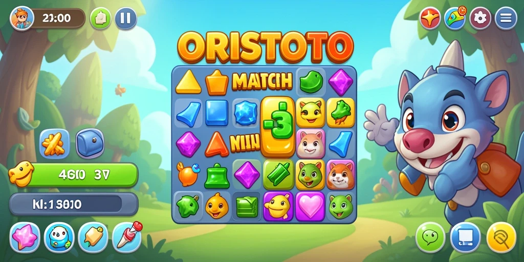 Tangkapan layar gameplay ORISTOTO dengan aksi mencocokkan permata yang seru.