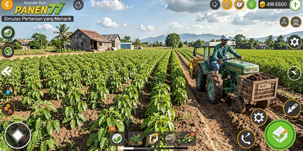 Gameplay menarik dalam PANEN77 yang menunjukkan kebun dan aktivitas bertani.