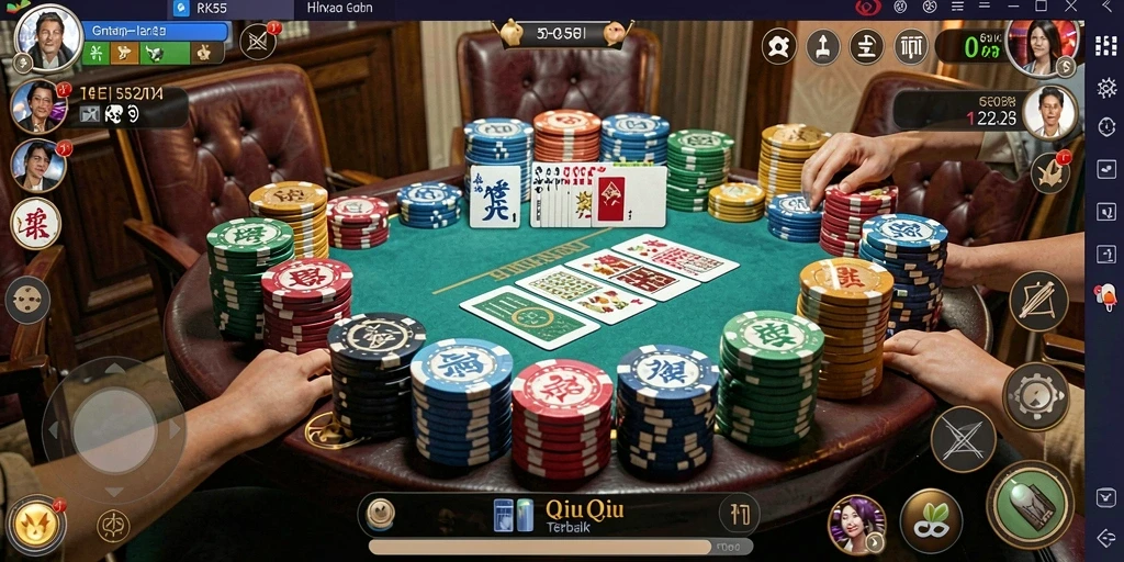 Screenshot gameplay RK55 menampilkan aksi seru dalam permainan QiuQiu.
