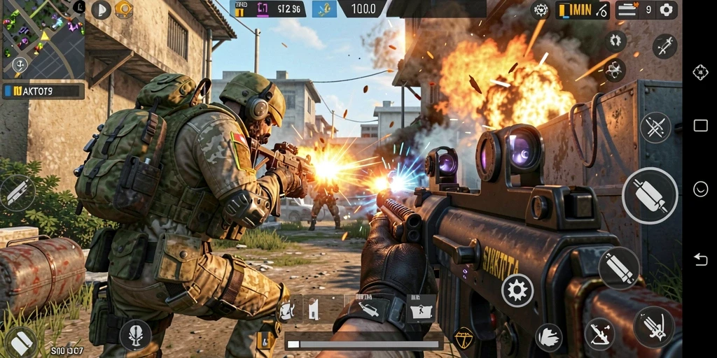 Tampilan seru dari gameplay game FPS SIDAKTOTO dengan aksi tembakan.