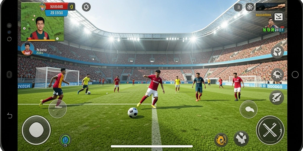 Tangkapan layar utama <strong>V07</strong> menampilkan aksi seru di lapangan sepak bola.